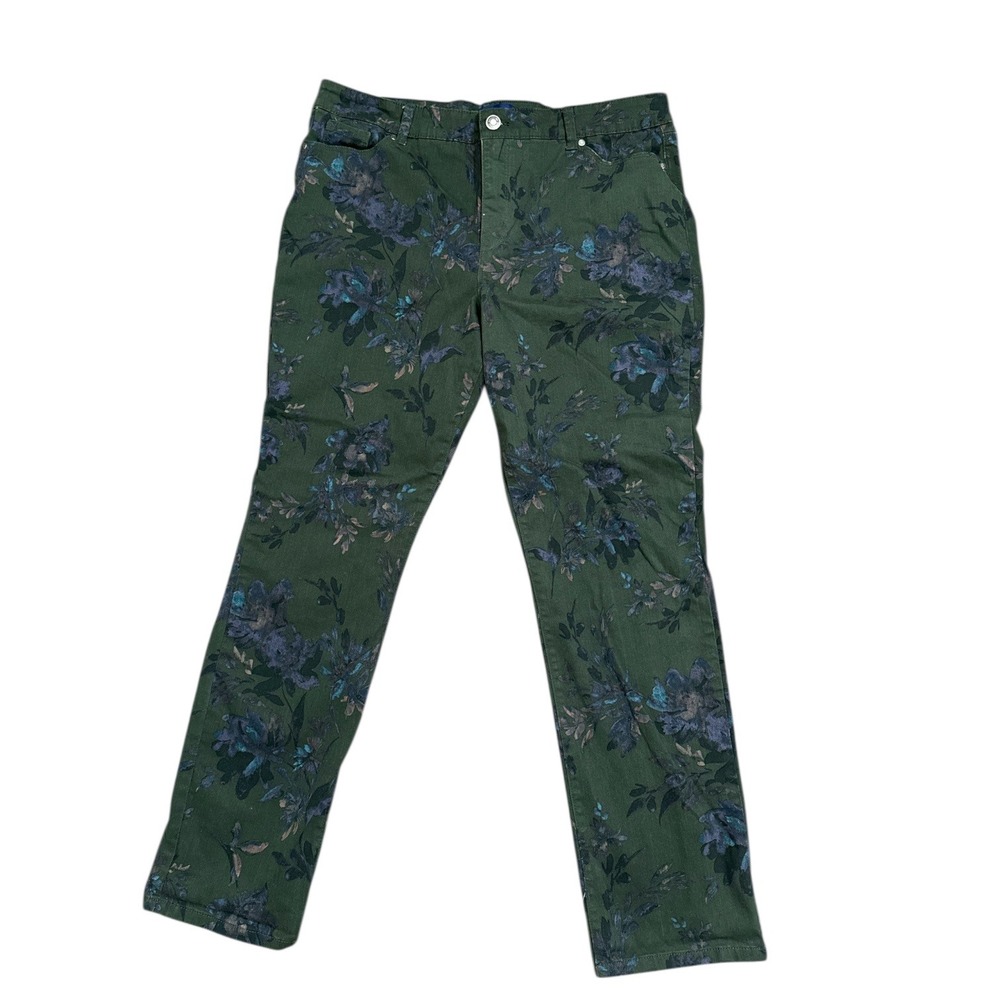 Bandolino Amy Straight Leg Pants Dark Green Floral Missy Stretch Women's Size 16